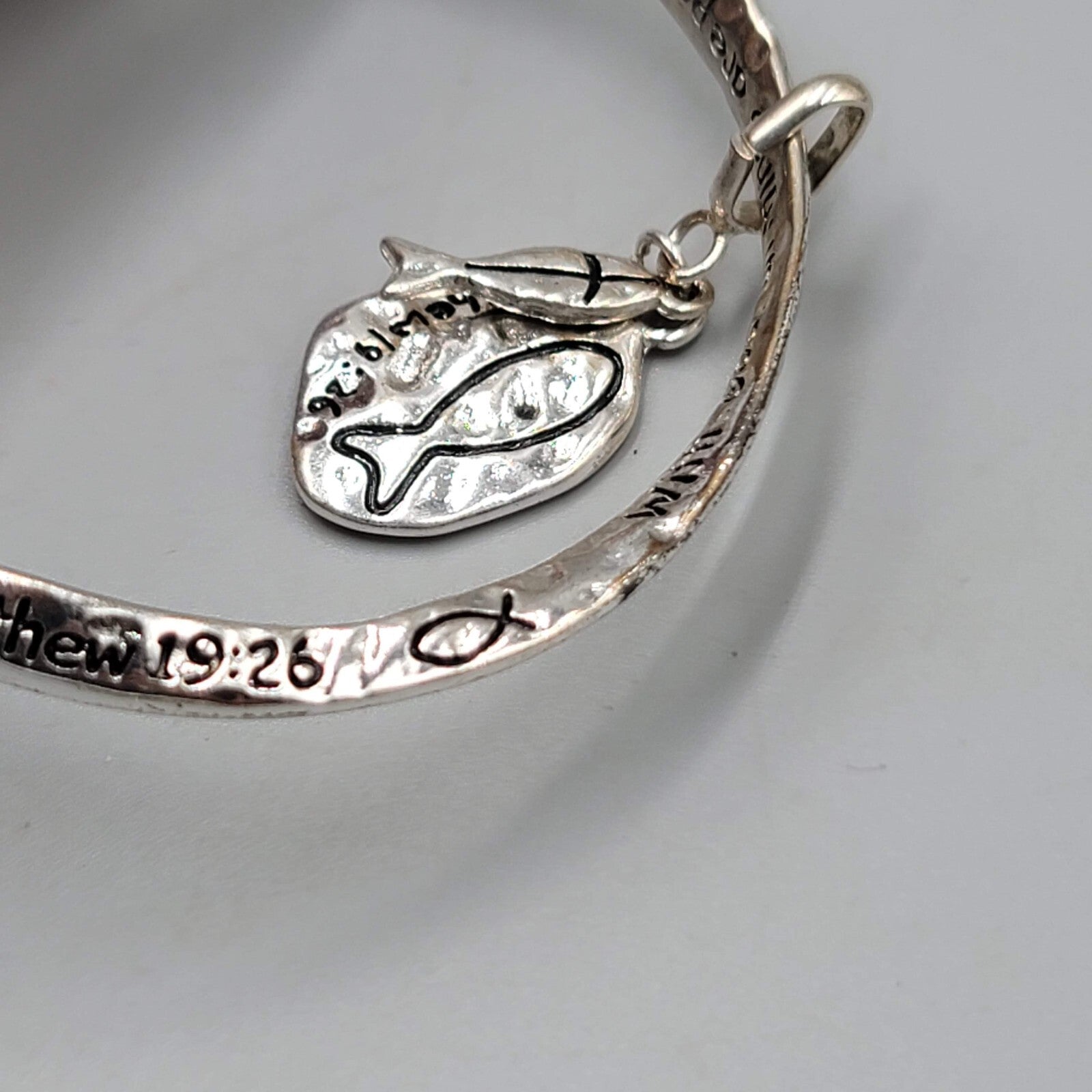 Matthew 19 Scripture Bangle Charm Bracelet Silver tone Fish Charm