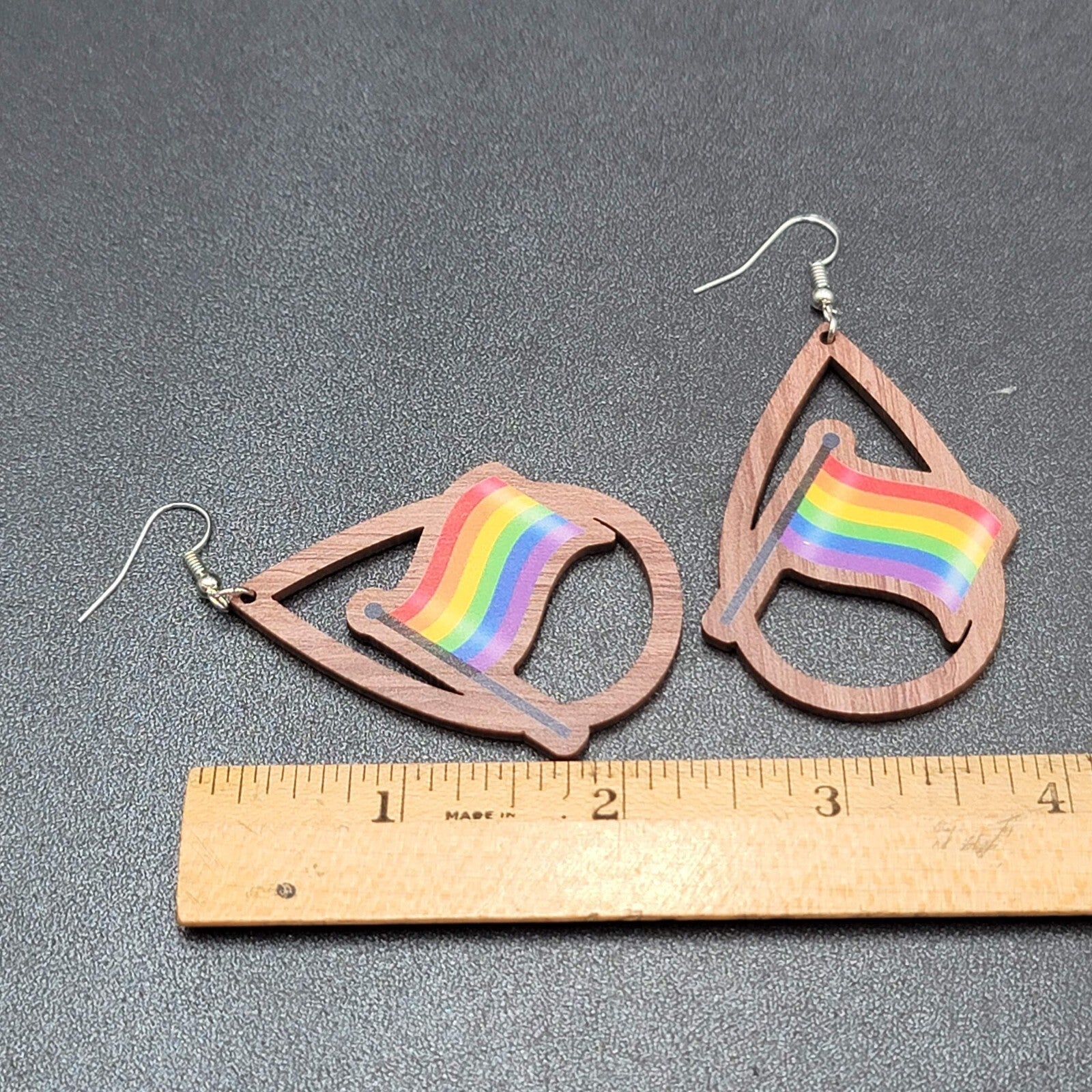 New PRIDE FLAG Pierced Earrings Rainbow Wood Teardrop Dangle 2.25"