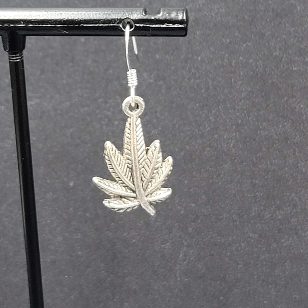 Pierced Earrings Silver tone Marijuana Pot Leaf Dangle 7/8"