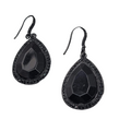 Black Enamel Teardrop Rhinestone Pierced Earrings Dangle 1 3/8 in