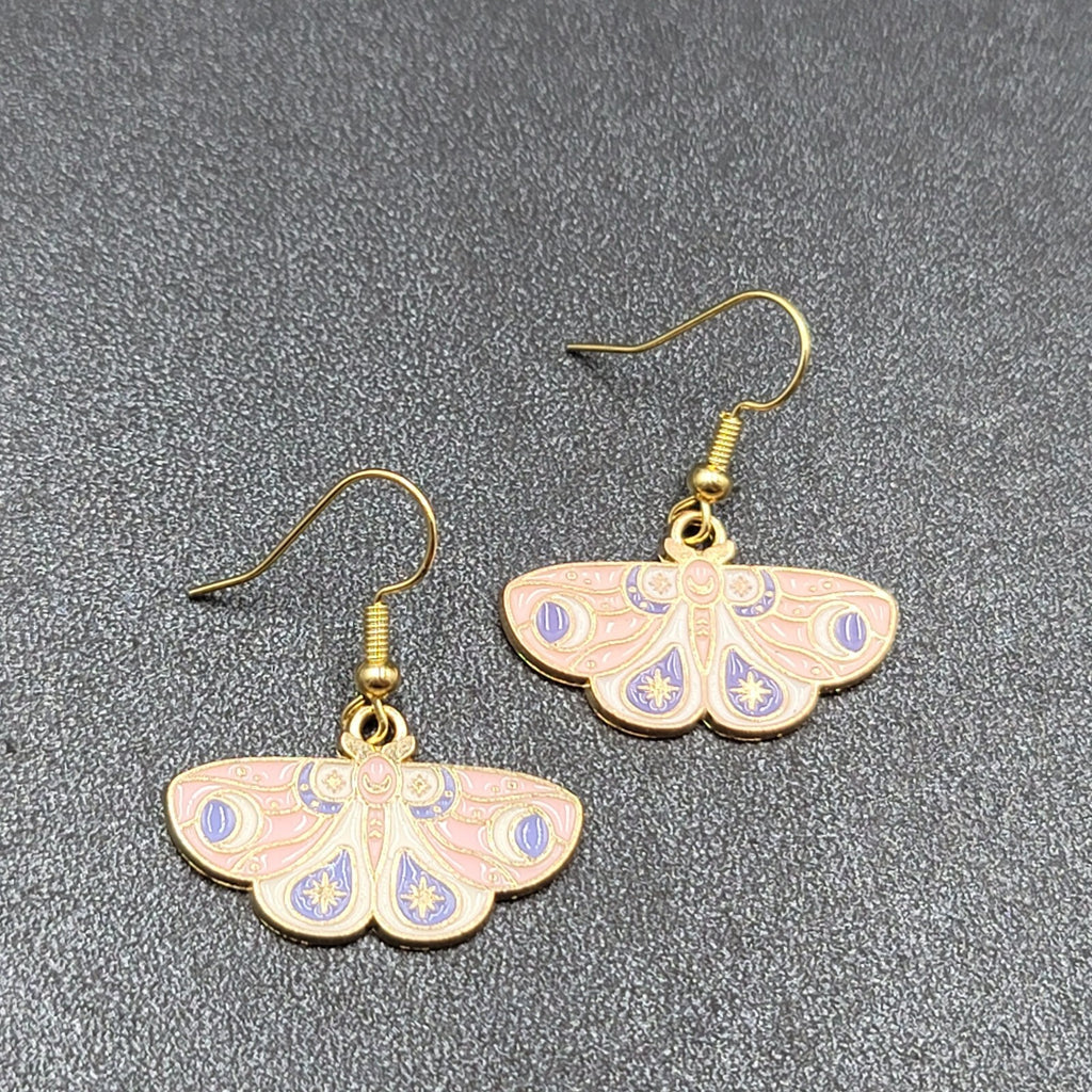 Moth Pierced Earrings Gold tone Pink Purple White Enamel Dangle 5/8"
