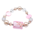 Pink Art Glass Bracelet Shell Faux Pearl Stretch Elastic Silver tone