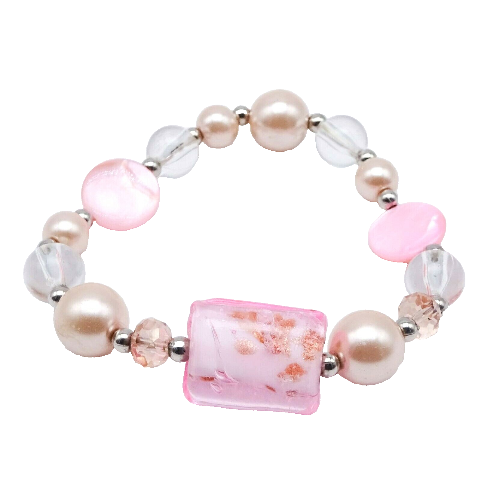Pink Art Glass Bracelet Shell Faux Pearl Stretch Elastic Silver tone