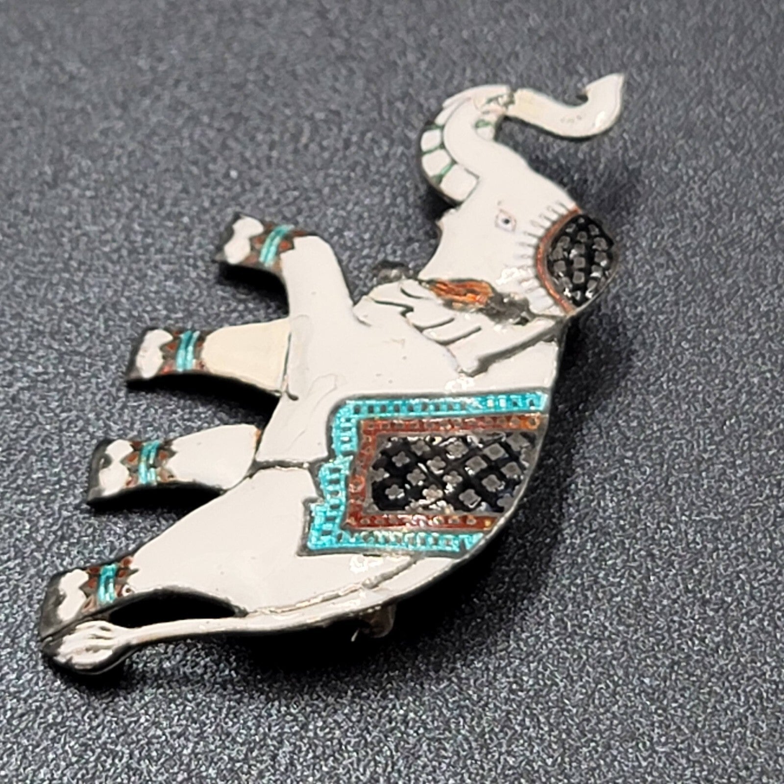 Vintage Sterling Silver Signed Elephant Brooch Enameled White Siam 2"