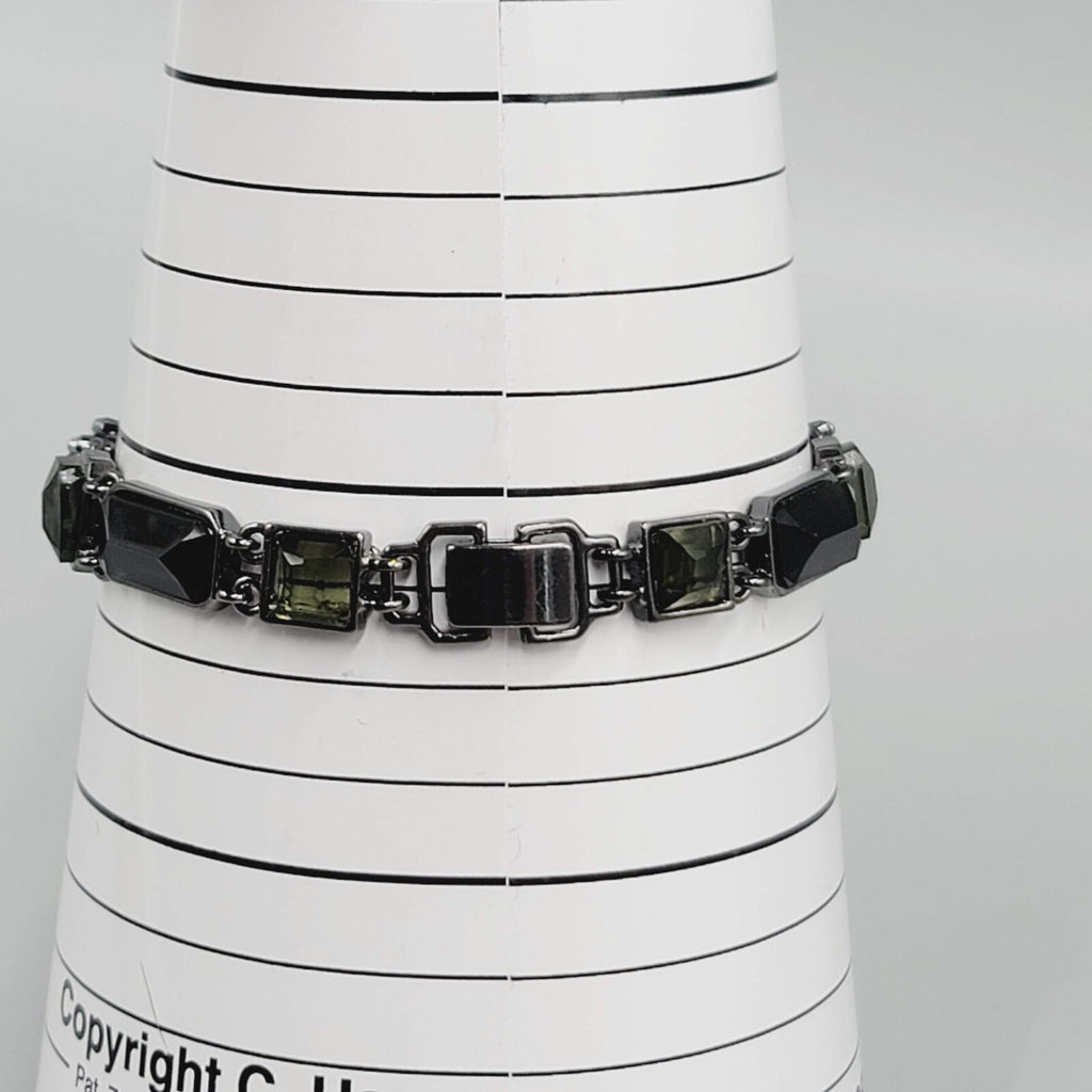 Black Metal Bracelet Dark Green Blue Rhinestones 7.25"