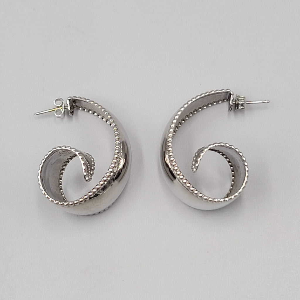 Vintage Curly Hoops Pierced Earrings High Polish Silver tone Drop 1.25"