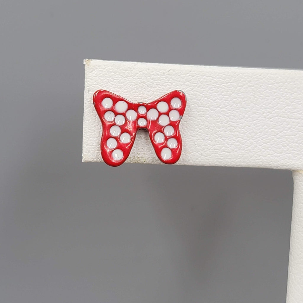 Minnie Mouse Bow Pierced Earrings Red Enamel Reversible Studs 