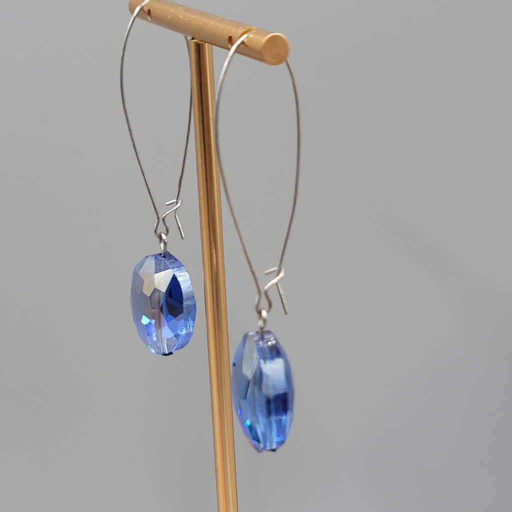 Faceted Blue Crystal Bead Pierced Earrings Silver tone Dangle Long 2.75 in