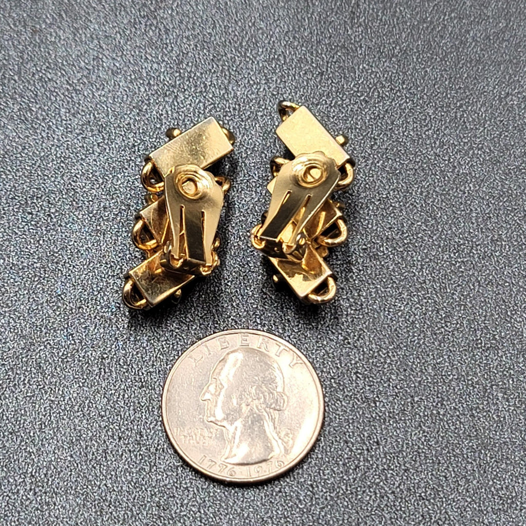 Vintage Clip on Earrings Gold tone Blue Enamel Red Rhinestone Climber 1 3/8"