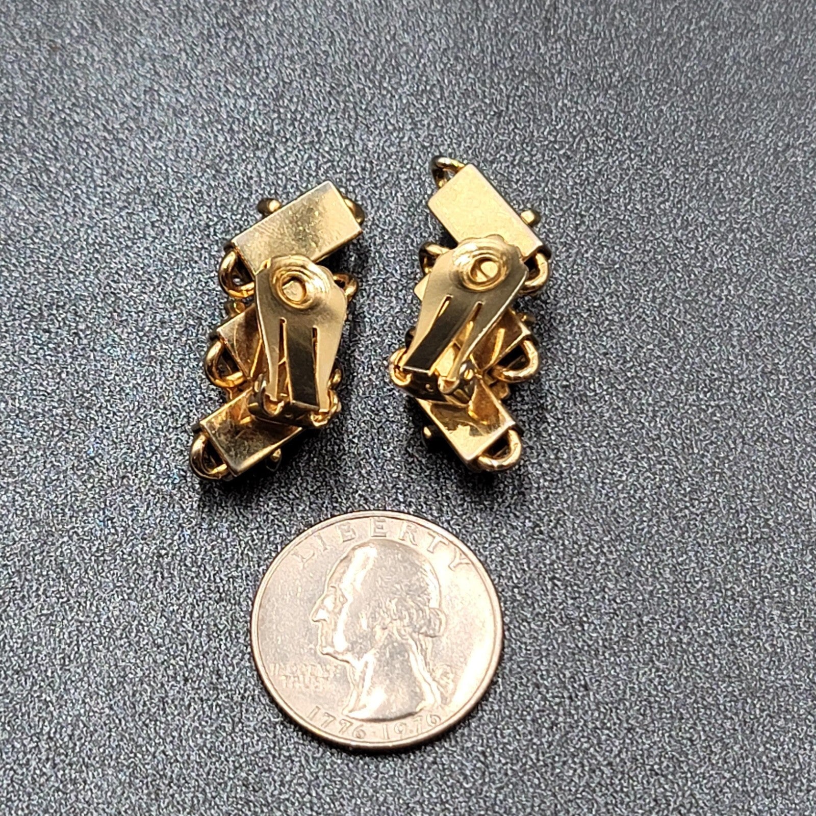 Vintage Clip on Earrings Gold tone Blue Enamel Red Rhinestone Climber 1 3/8"