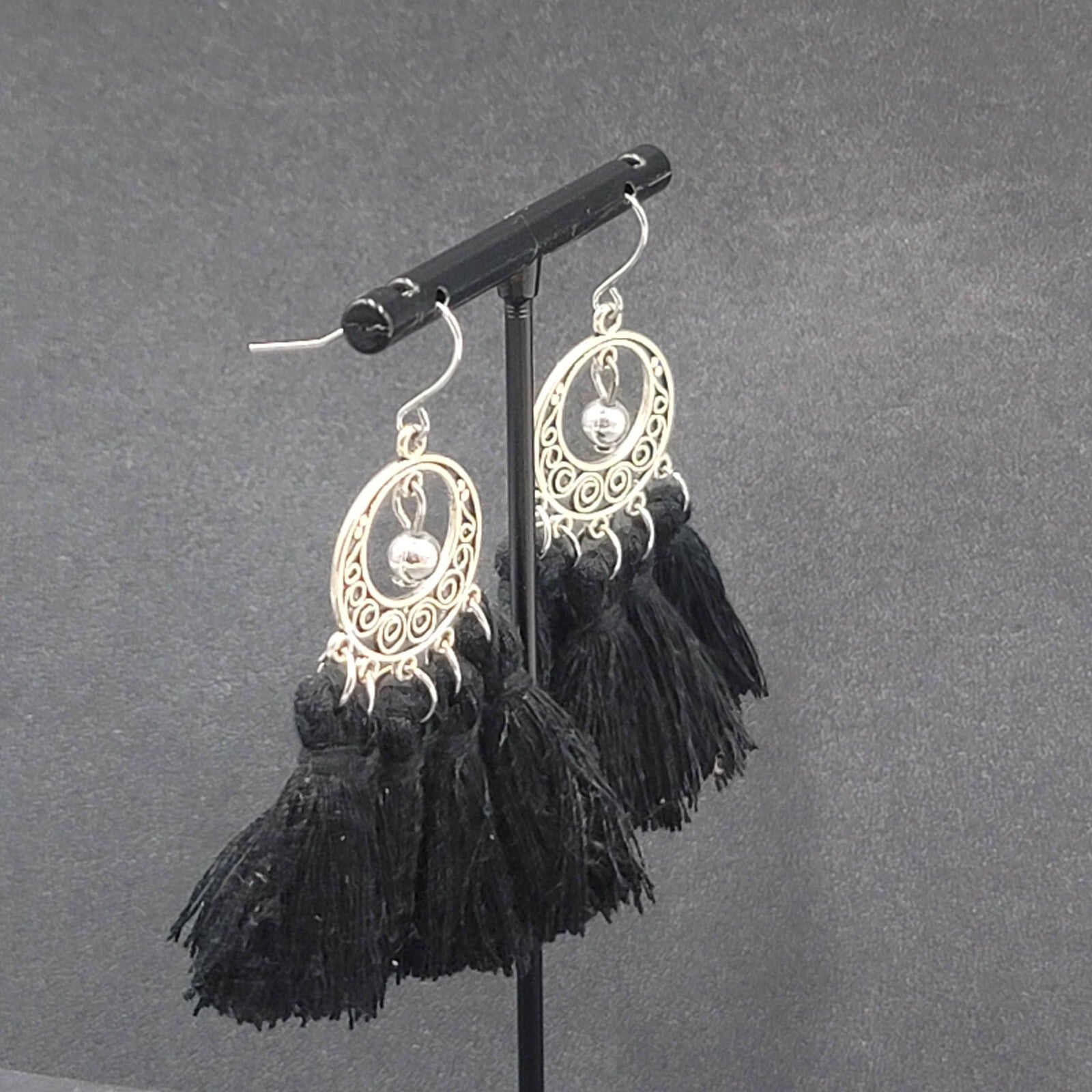 Pierced Earrings Silver tone Black String Tassel Dangle 2.25"
