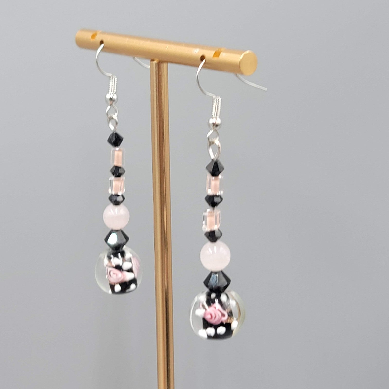 Pink Flower Art Glass Pierced Earrings Black & Silver tone Dangle  1.75"