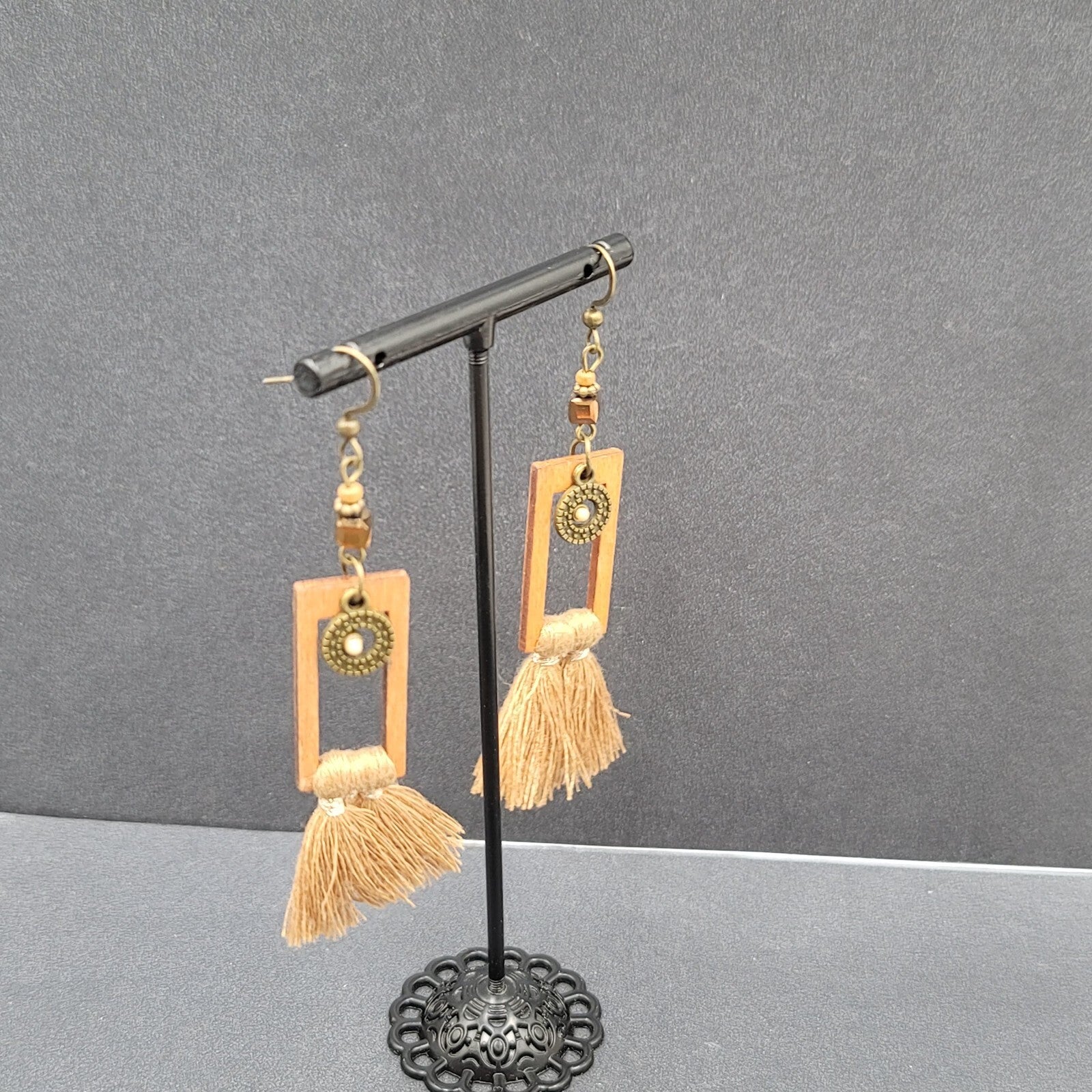 Tassel Pierced Earrings Bronze tone Wood Rectangle Dangle 2.5"