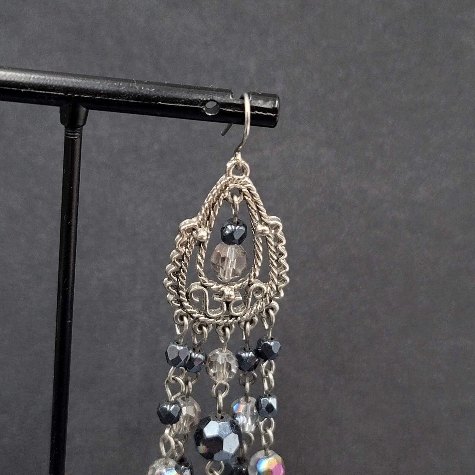 Pierced Earrings Silver tone Black AB Glass Beads Chandelier 3"