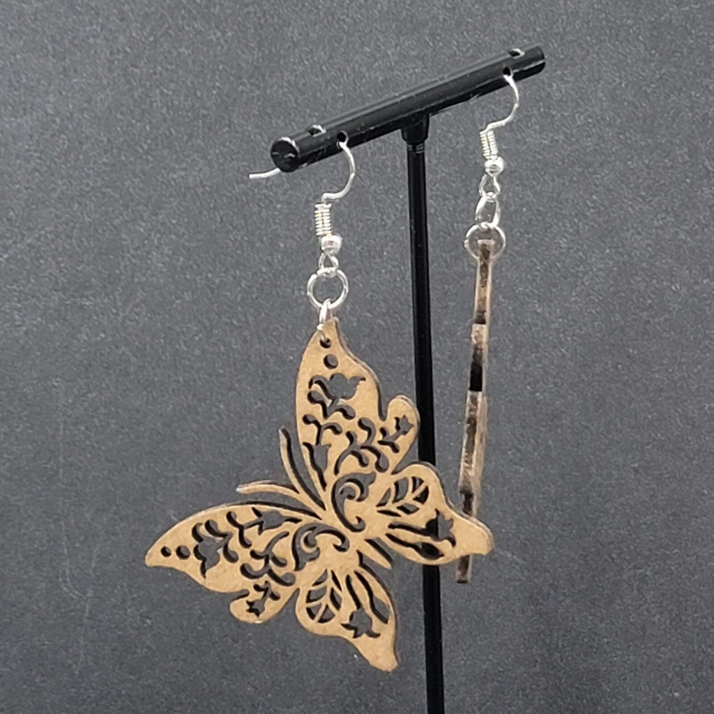 Butterfly Pierced Earrings Laser Cut Wood Dangle Large 2"