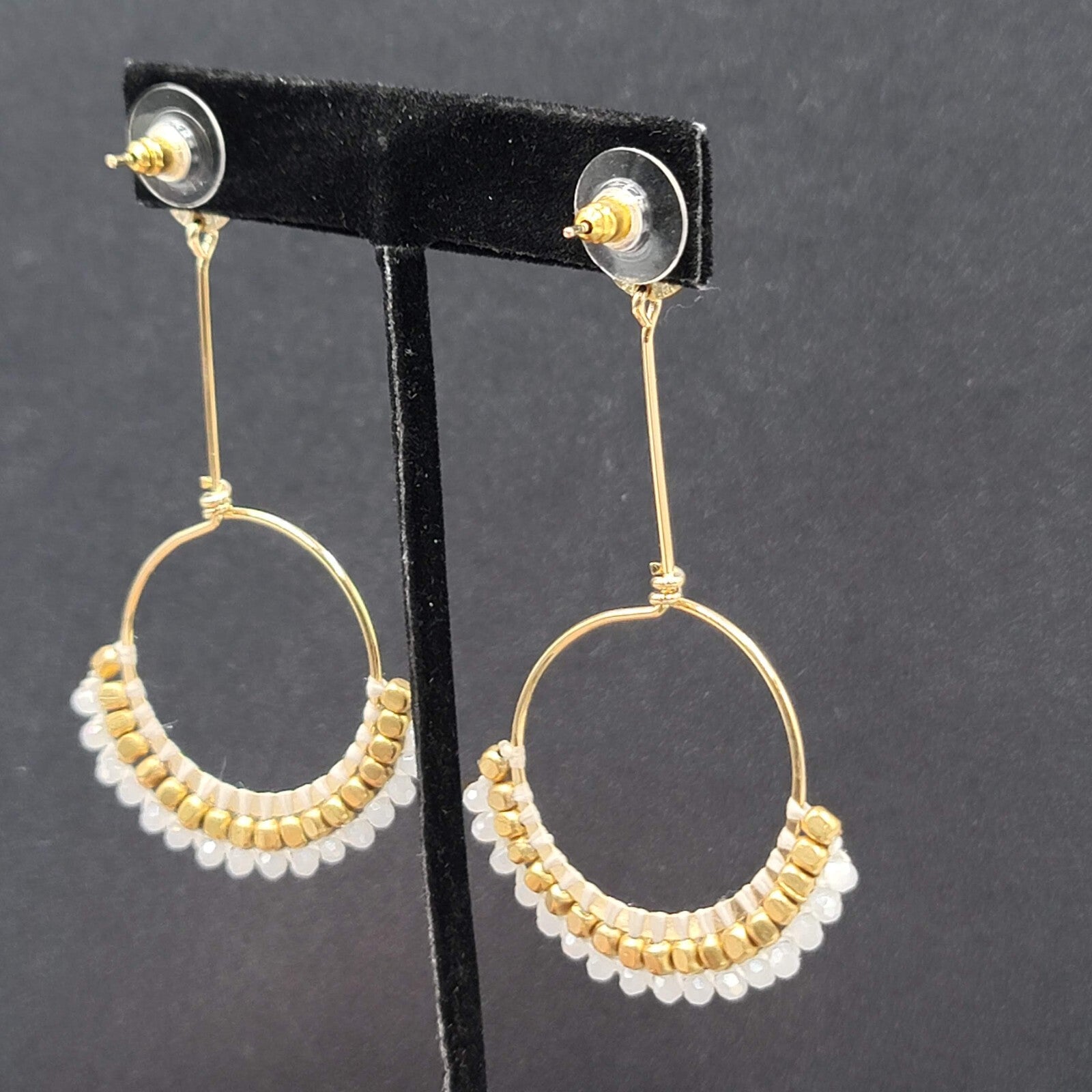 Quartz Stone Bead Pierced Earrings Long Gold tone Dangle 3"