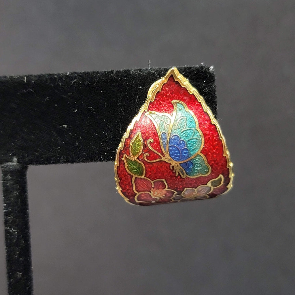 Vintage Clip on Earrings Cloisonne Enamel Flower Butterfly Red Drop 1"