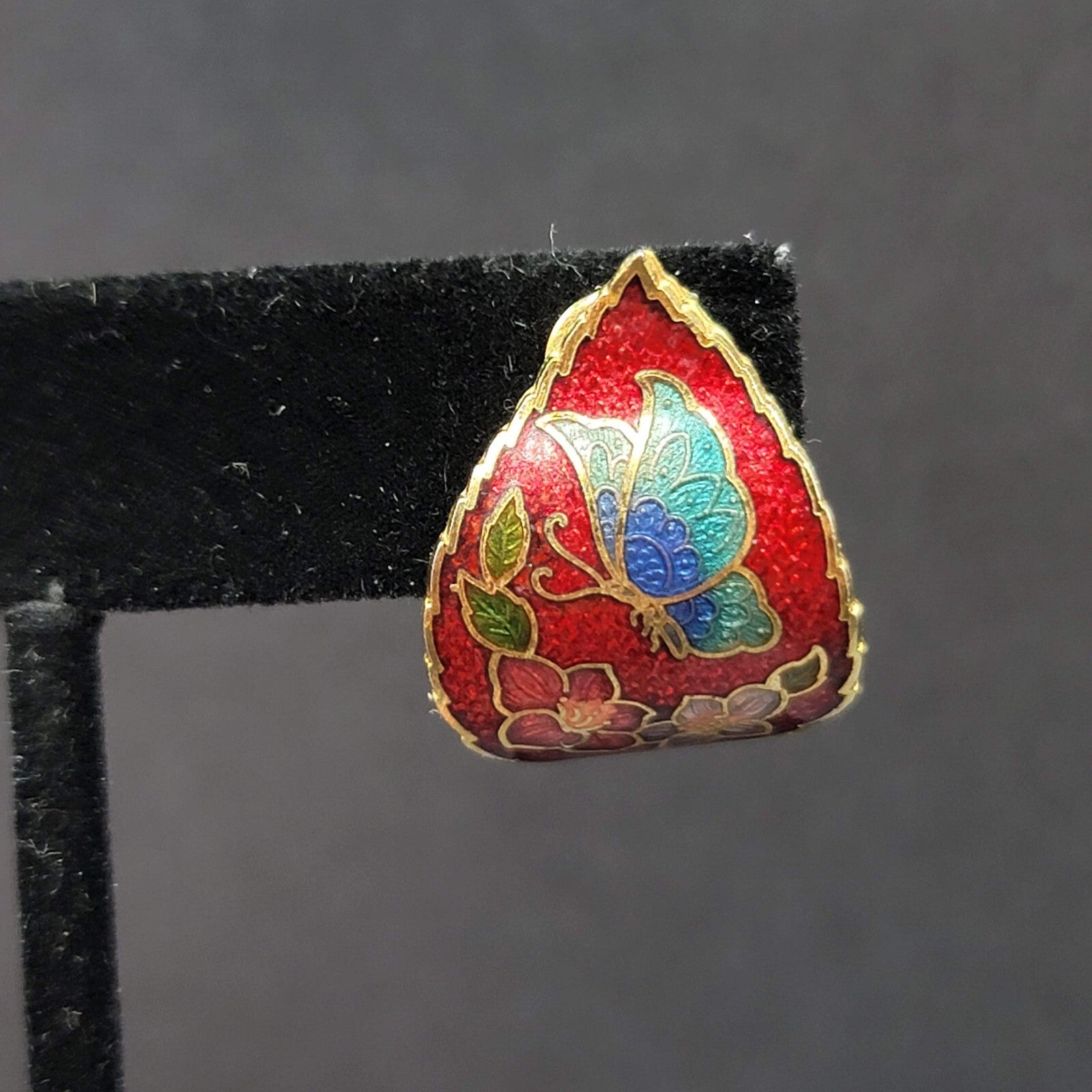 Vintage Clip on Earrings Cloisonne Enamel Flower Butterfly Red Drop 1"