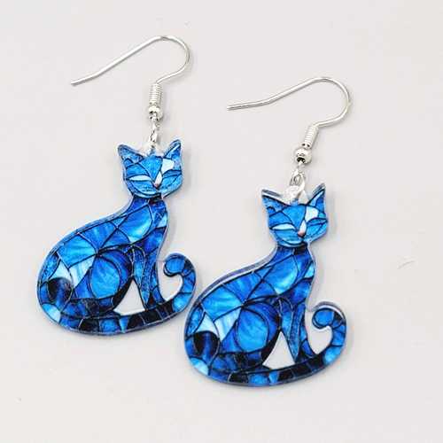 Blue Kitty Cat Pierced Earrings Mosaic Acrylic Dangle 1 3/8"