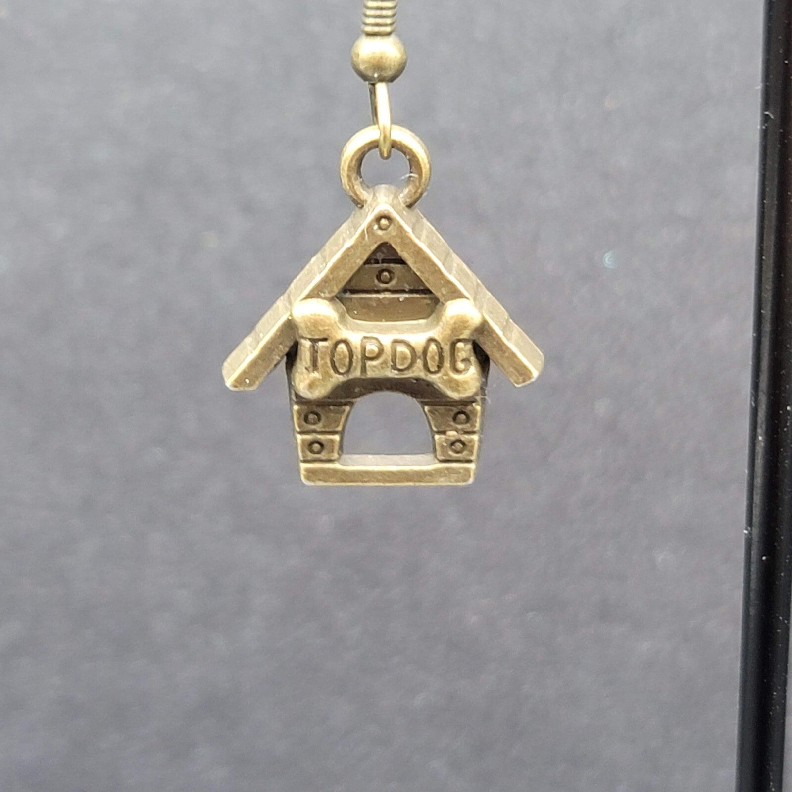 Top Dog Doghouse Pierced Earrings Bronze tone Dangle 3/4"