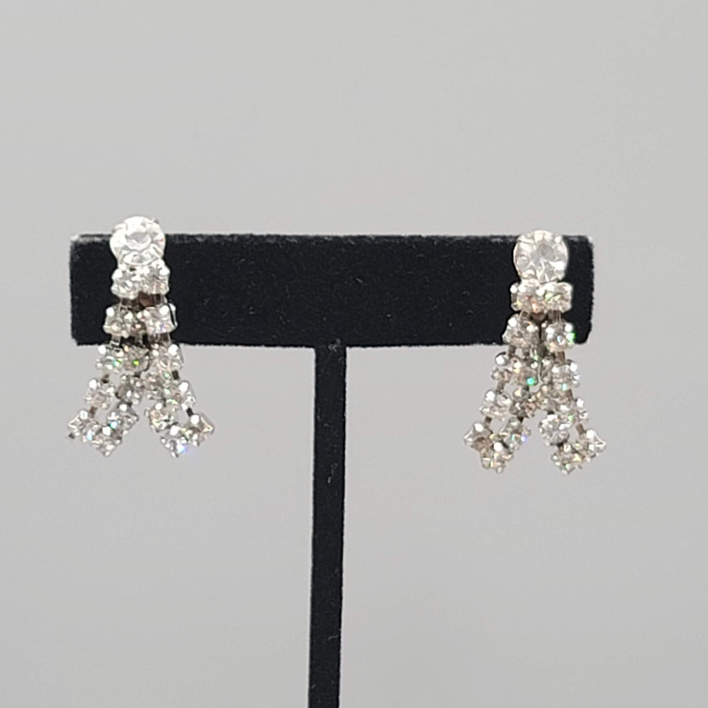 Vintage Rhinestone Clip on Earrings Silver tone Wrapped Dangle Screw Back 1 1/8"