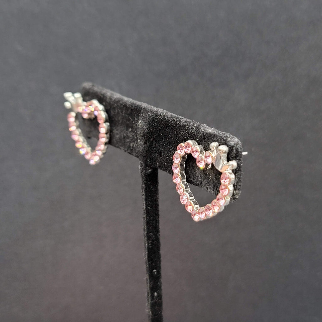 Heart Pierced Earrings Silver tone Crown Pink Crystal Studs 3/4"