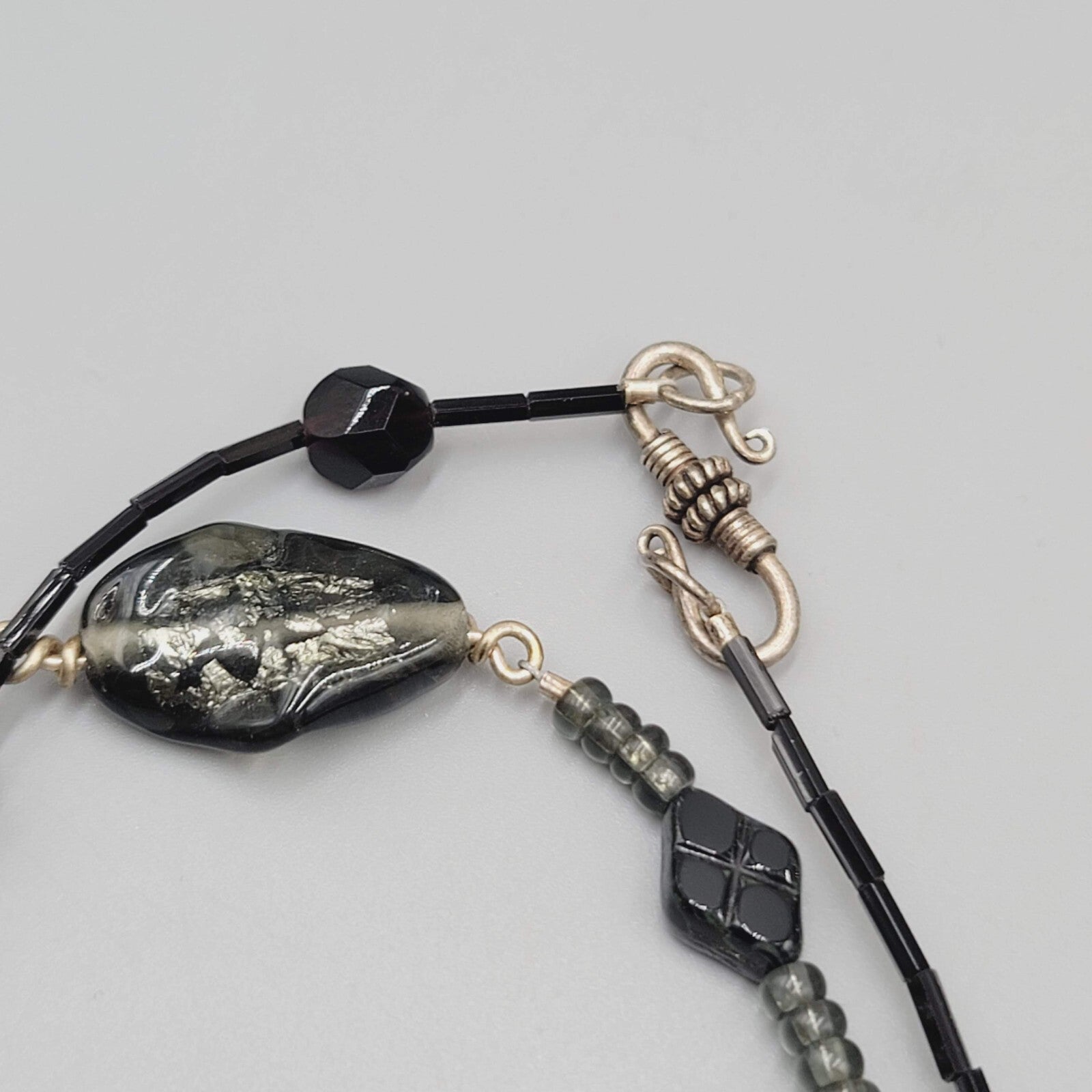 Black Glass Bead Necklace Silver tone LONG Hook Clasp 48"