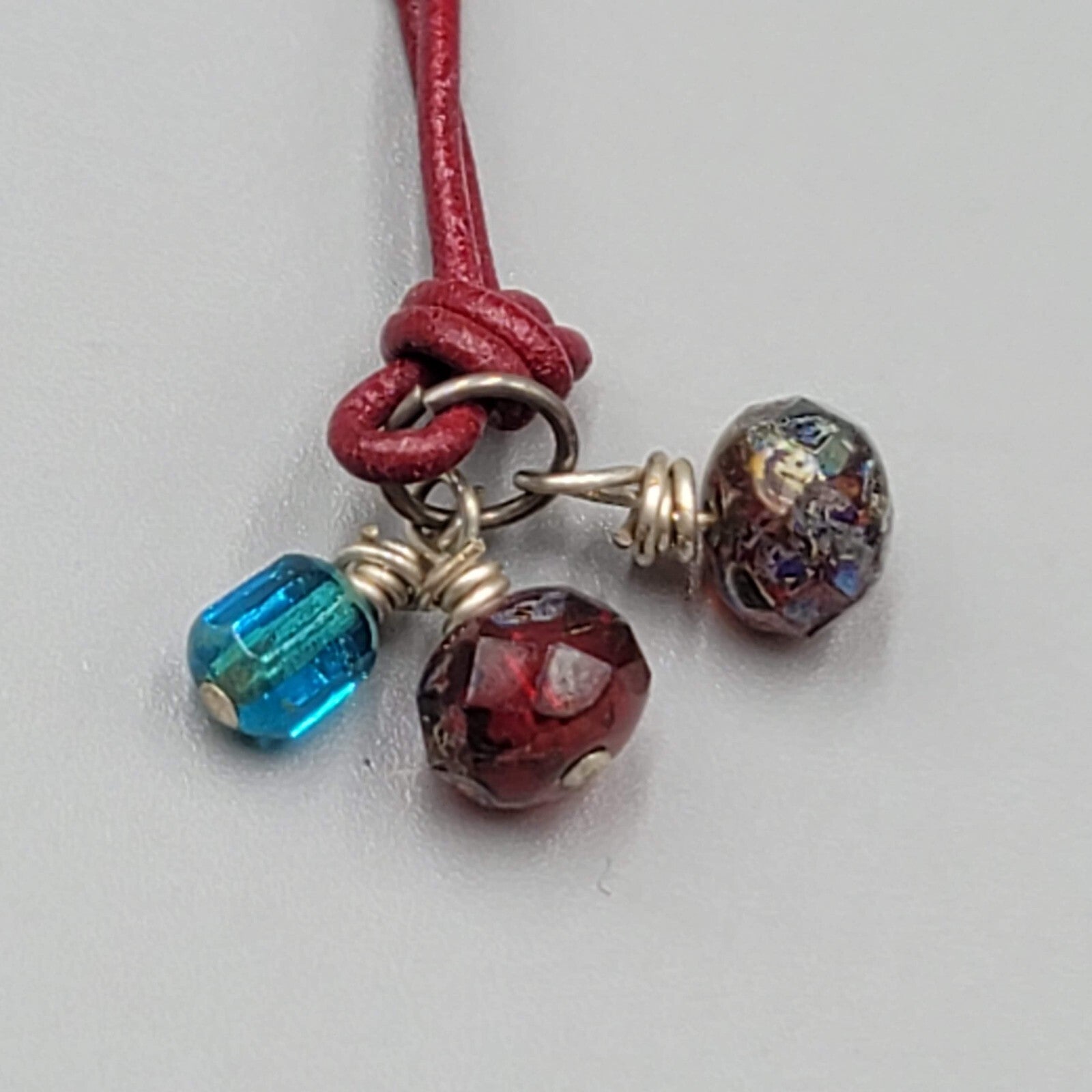 Multicolor Faceted Glass Bead Necklace Sterling Silver Red Leather Cord 16"