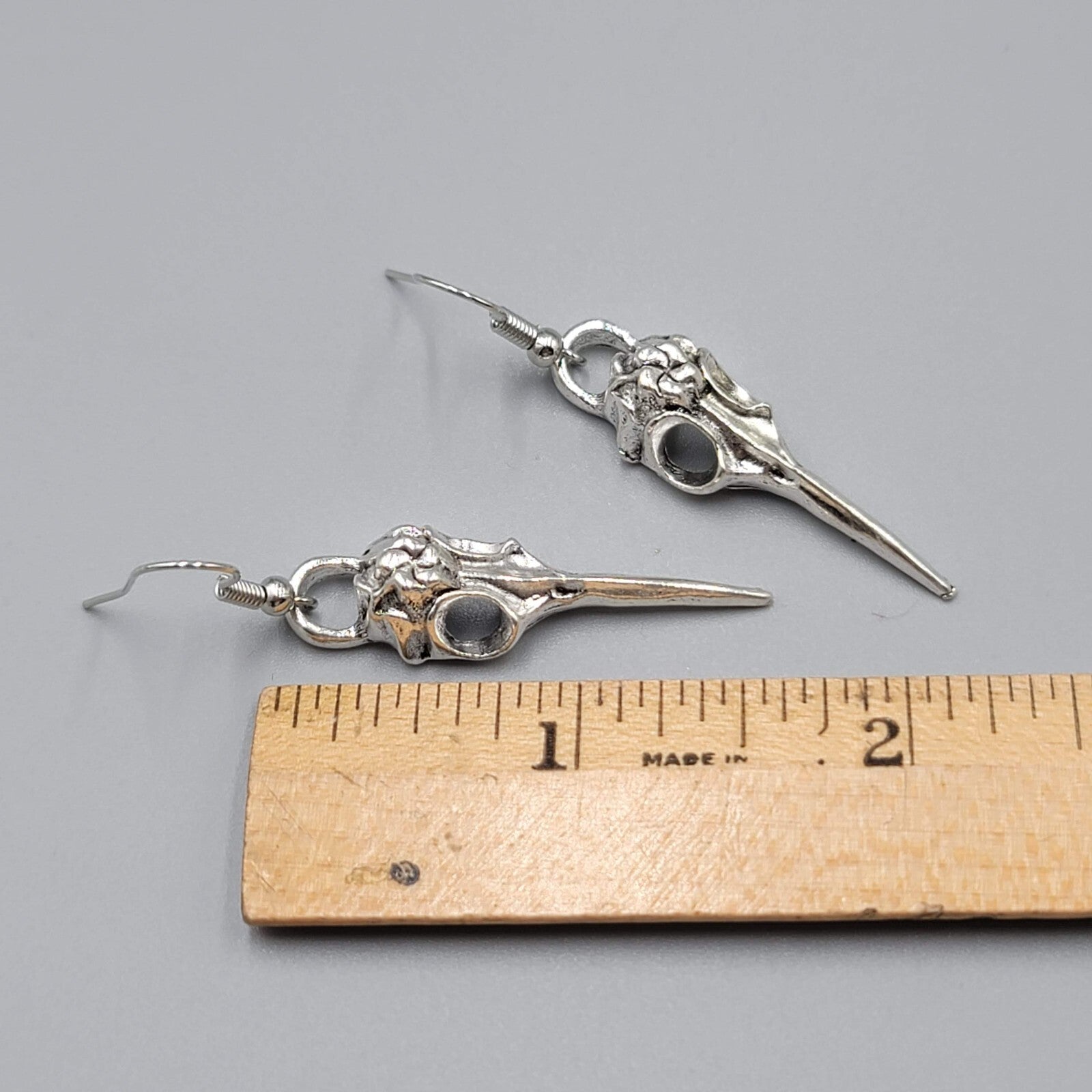 Bird Skull Pierced Earrings Silver tone Dangle New 1.5"
