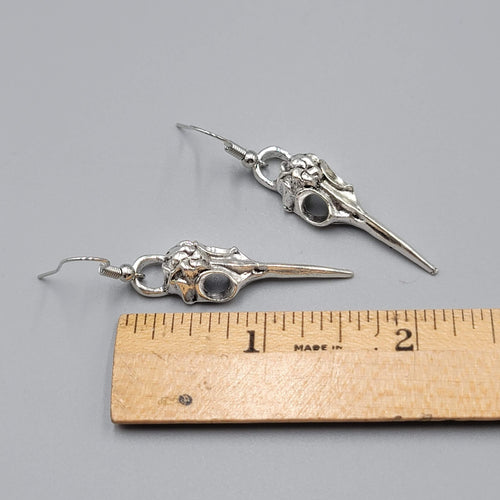 Bird Skull Pierced Earrings Silver tone Dangle New 1.5"