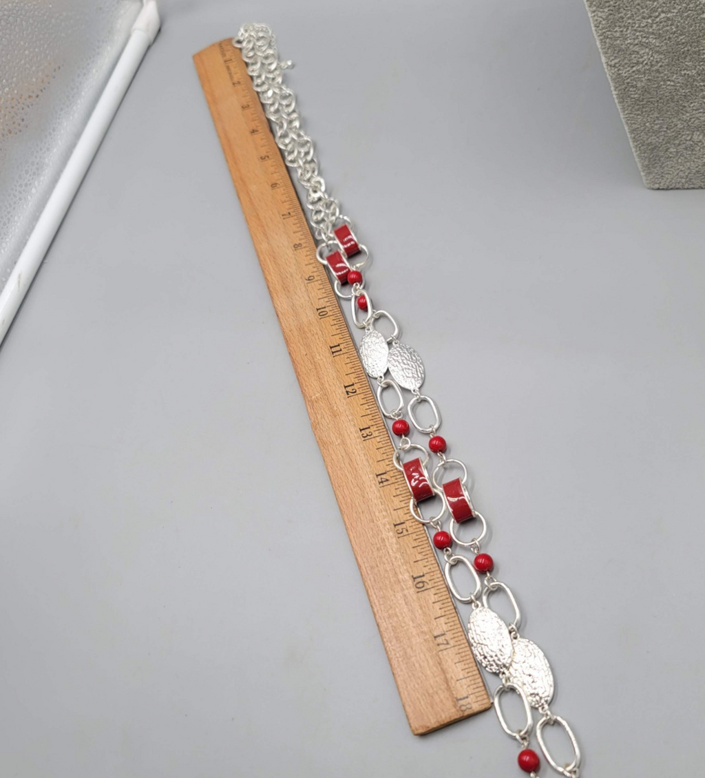 Necklace Extra Long Silver tone Red Bead Enamel Statement 42 in