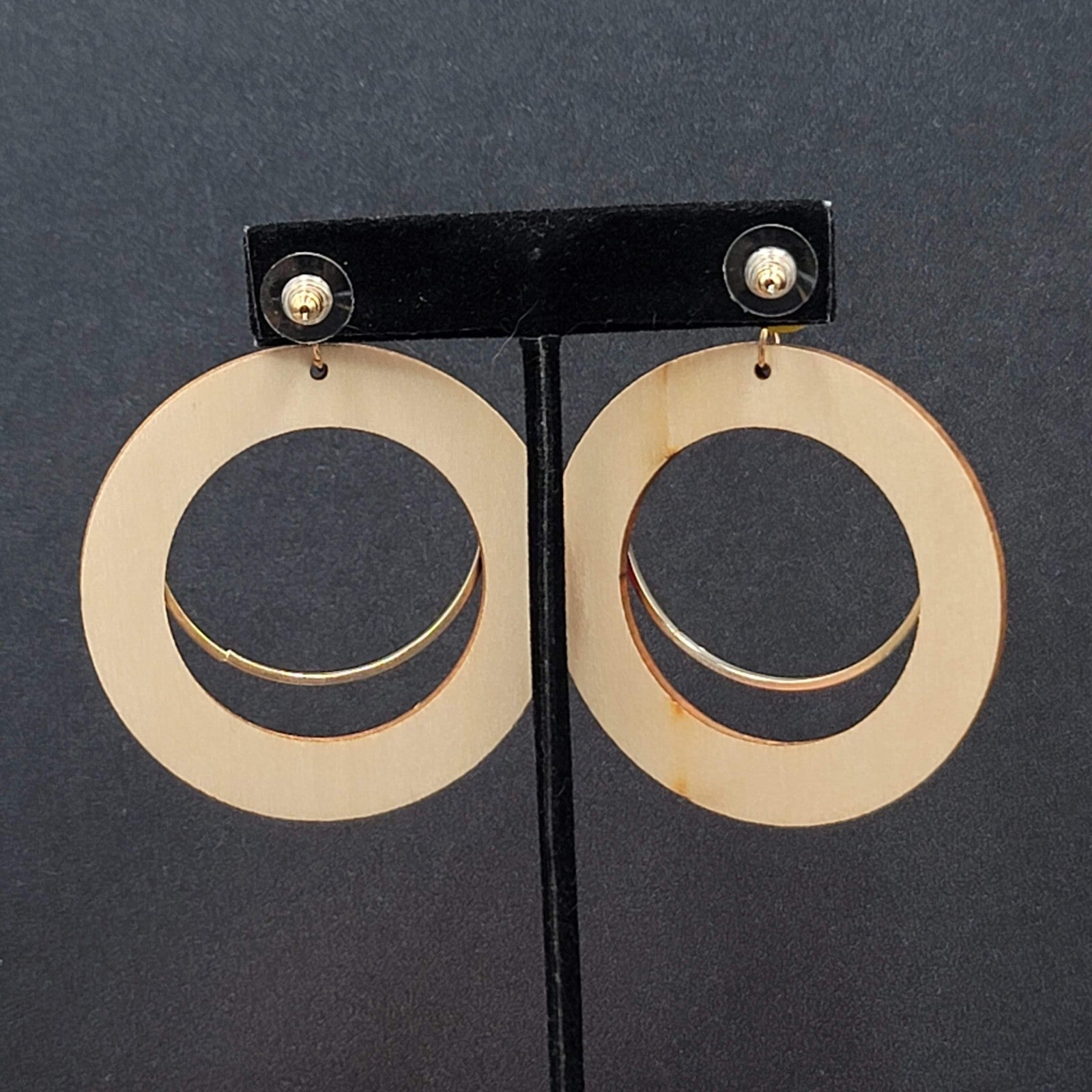 Pierced Earrings Multicolor Yellow Gold tone Wood Hoops Statement 2 3/8"