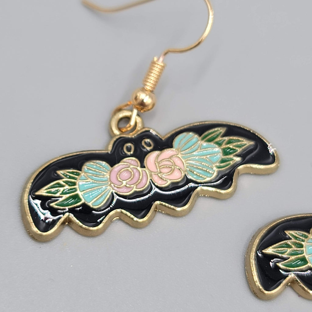 Pierced Earrings Gold tone Enamel Red Rose Moth Dangle 1/2"
