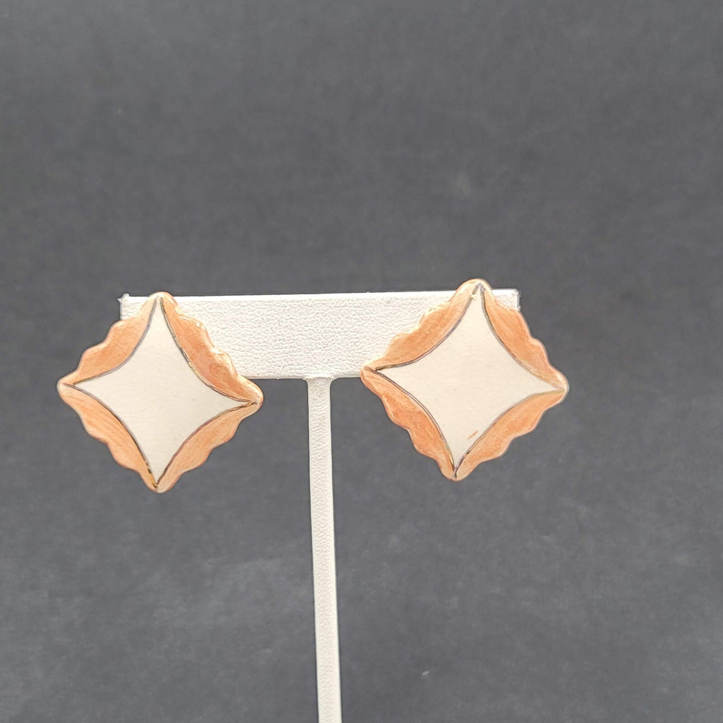 Vintage Pierced Earrings Ceramic Hand Painted Square Drop 1.25"