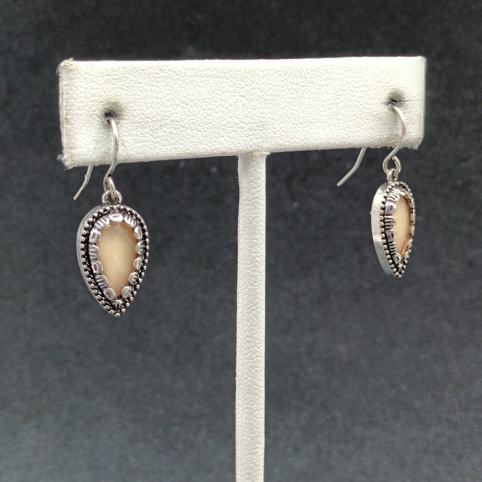 Pierced Earrings Silver tone Cream Acrylic Inverted Teardrop Dangle 3/4"