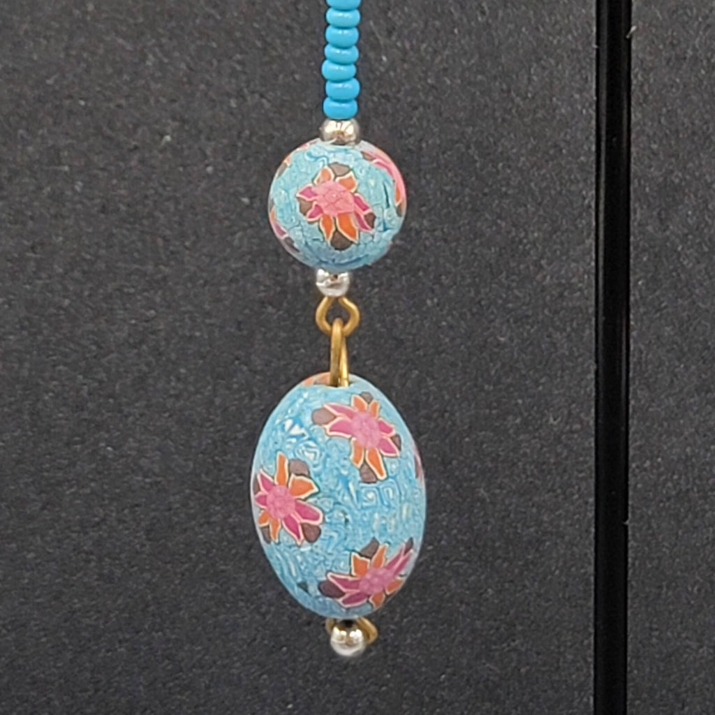Vintage Pierced Earrings Gold tone Blue Flower Bead Long Dangle 2.25"