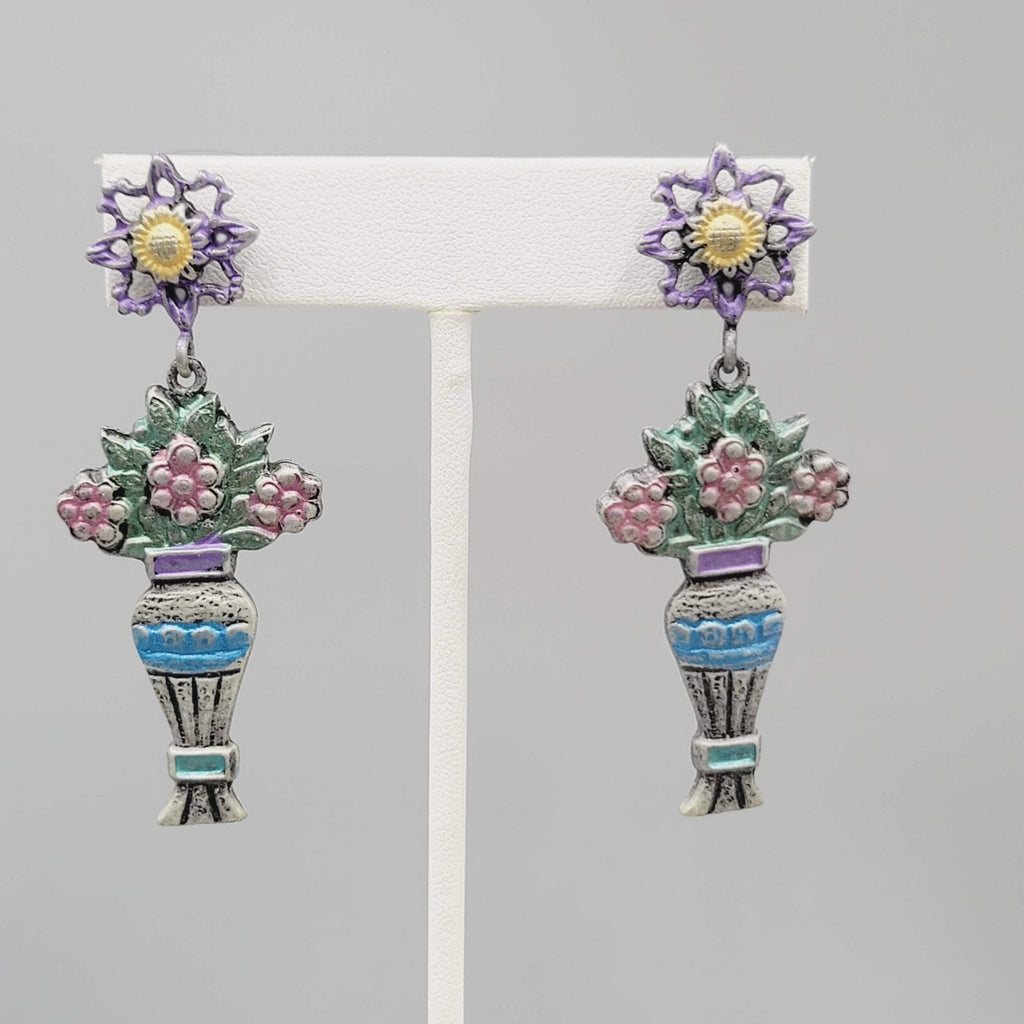 Vintage Don Lin Pierced Earrings Flower Bouquet Dangle 2.5"