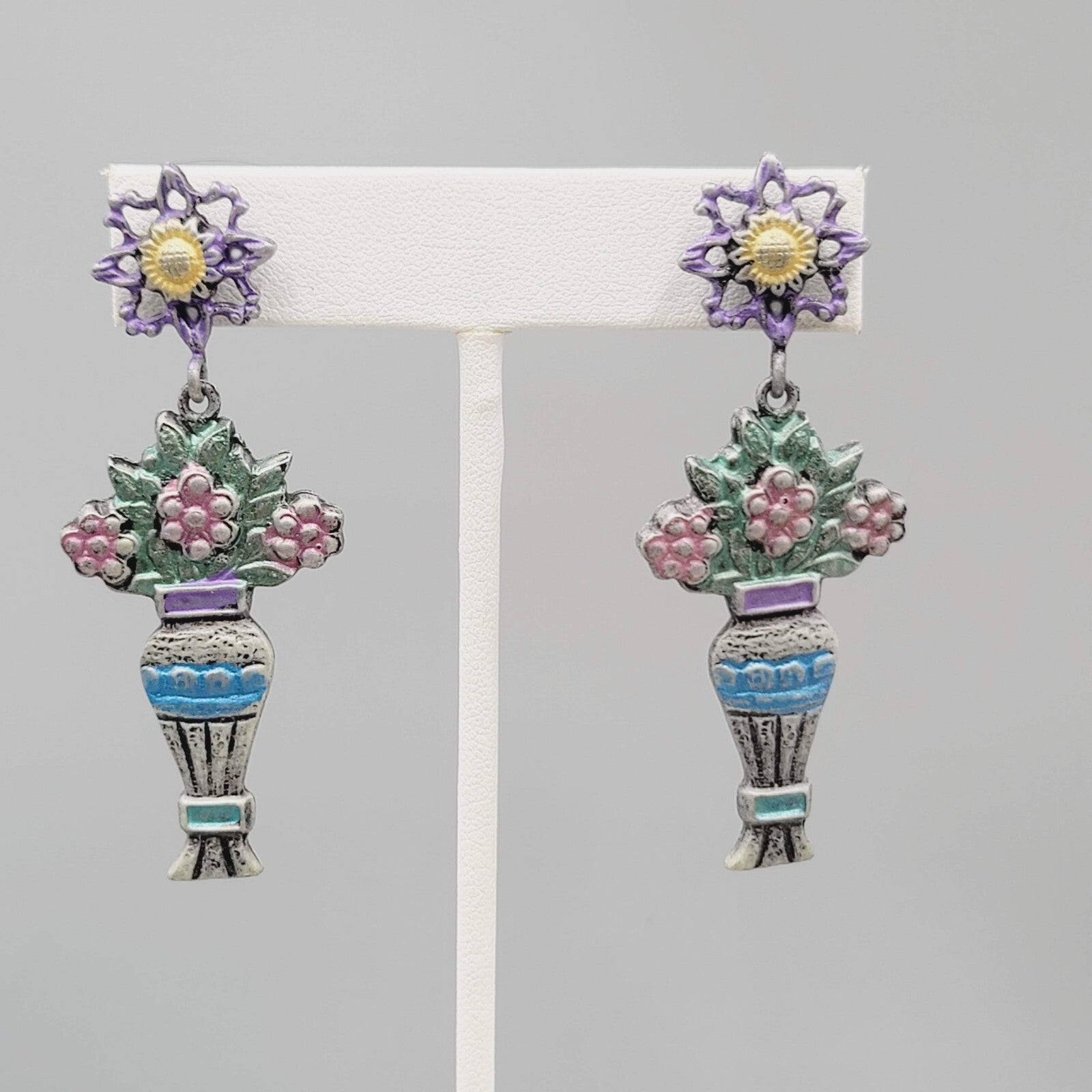 Vintage Don Lin Pierced Earrings Flower Bouquet Dangle 2.5"