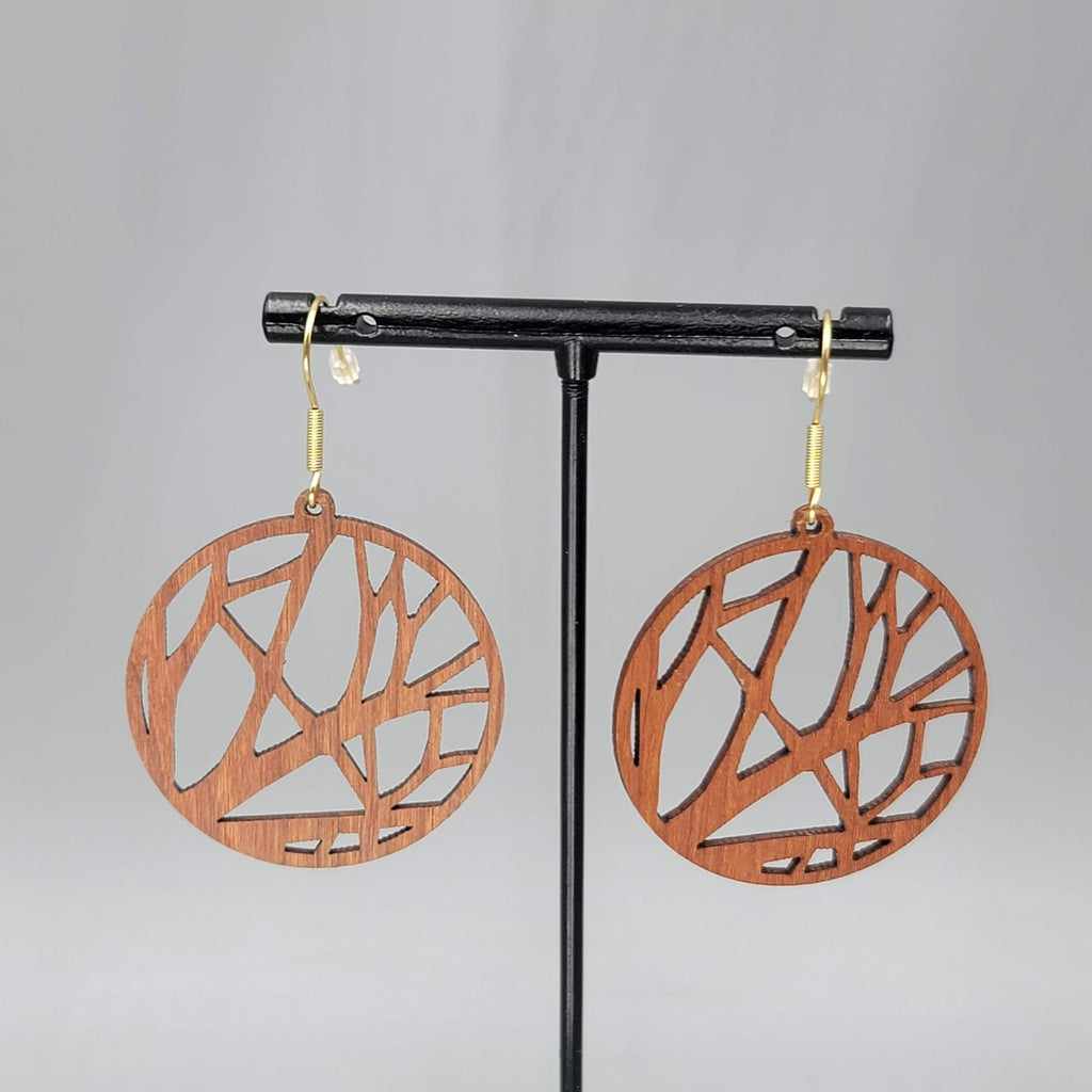 Laser Cut Wood Pierced Earrings Round Gold tone Dangle 1.5 in