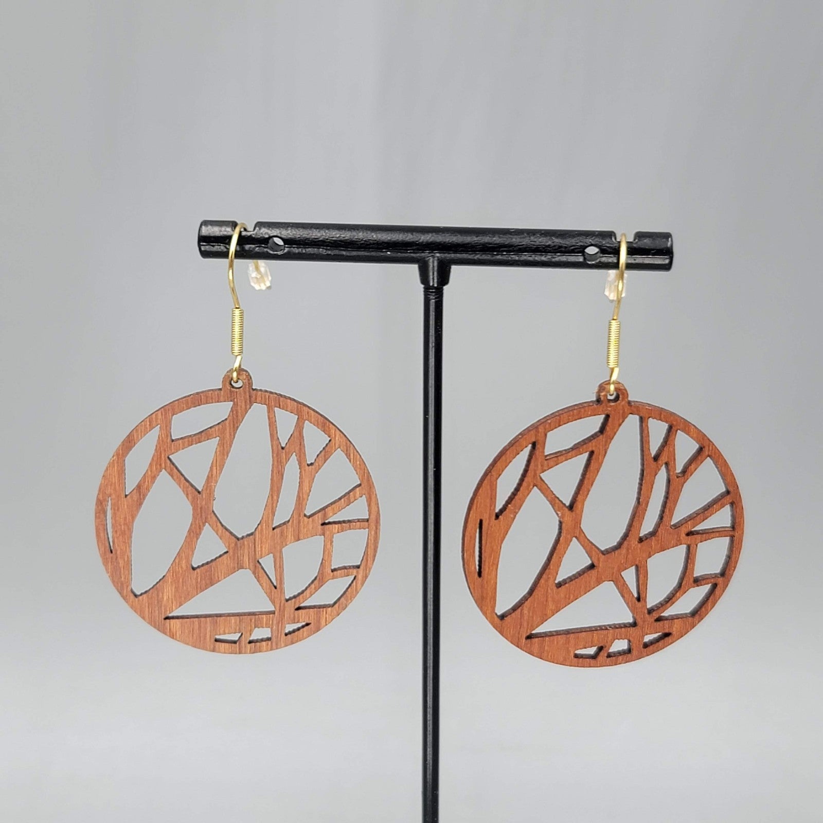 Laser Cut Wood Pierced Earrings Round Gold tone Dangle 1.5 in