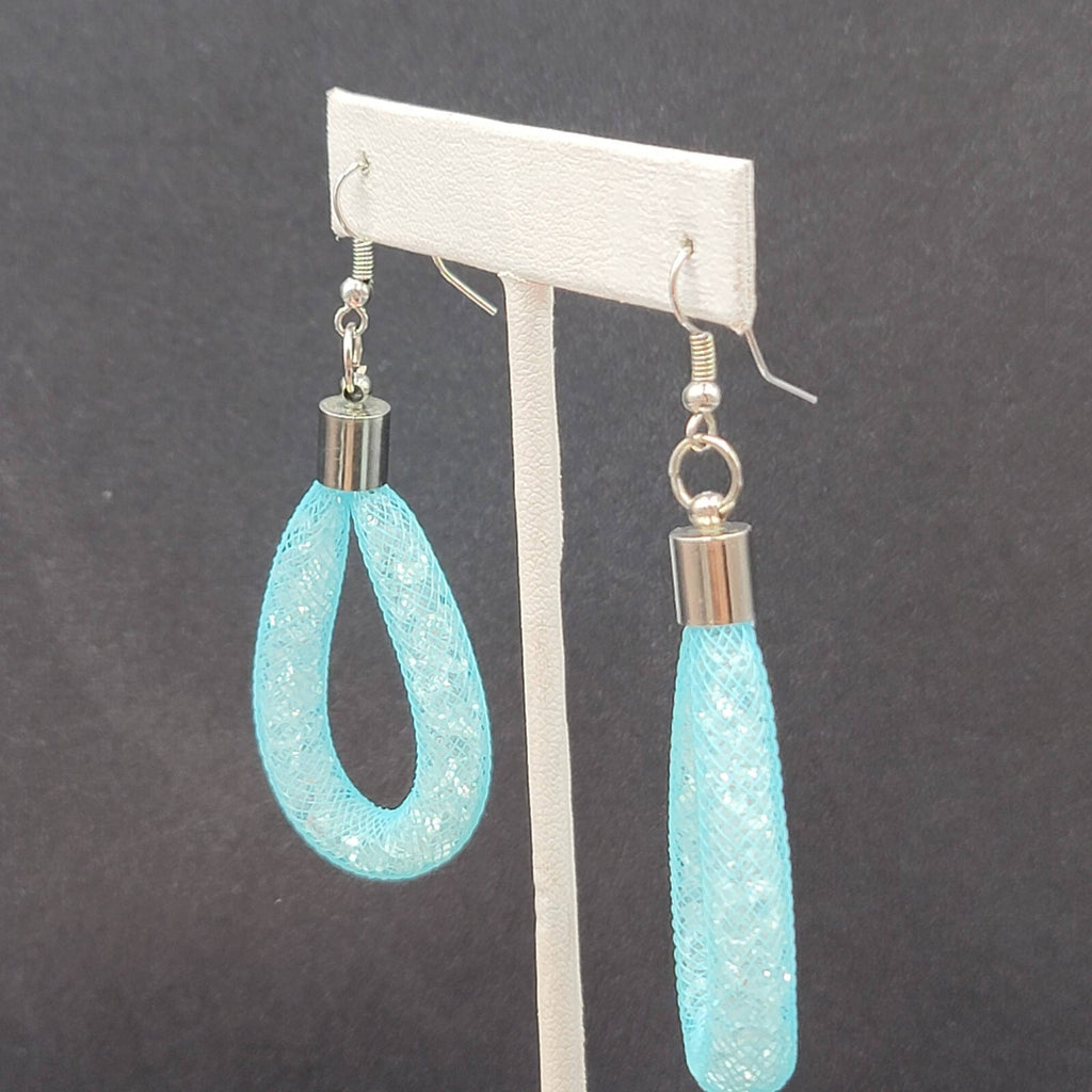 Pierced Earrings Silver tone Blue Knit Acrylic Crystals Dangle 2.25"