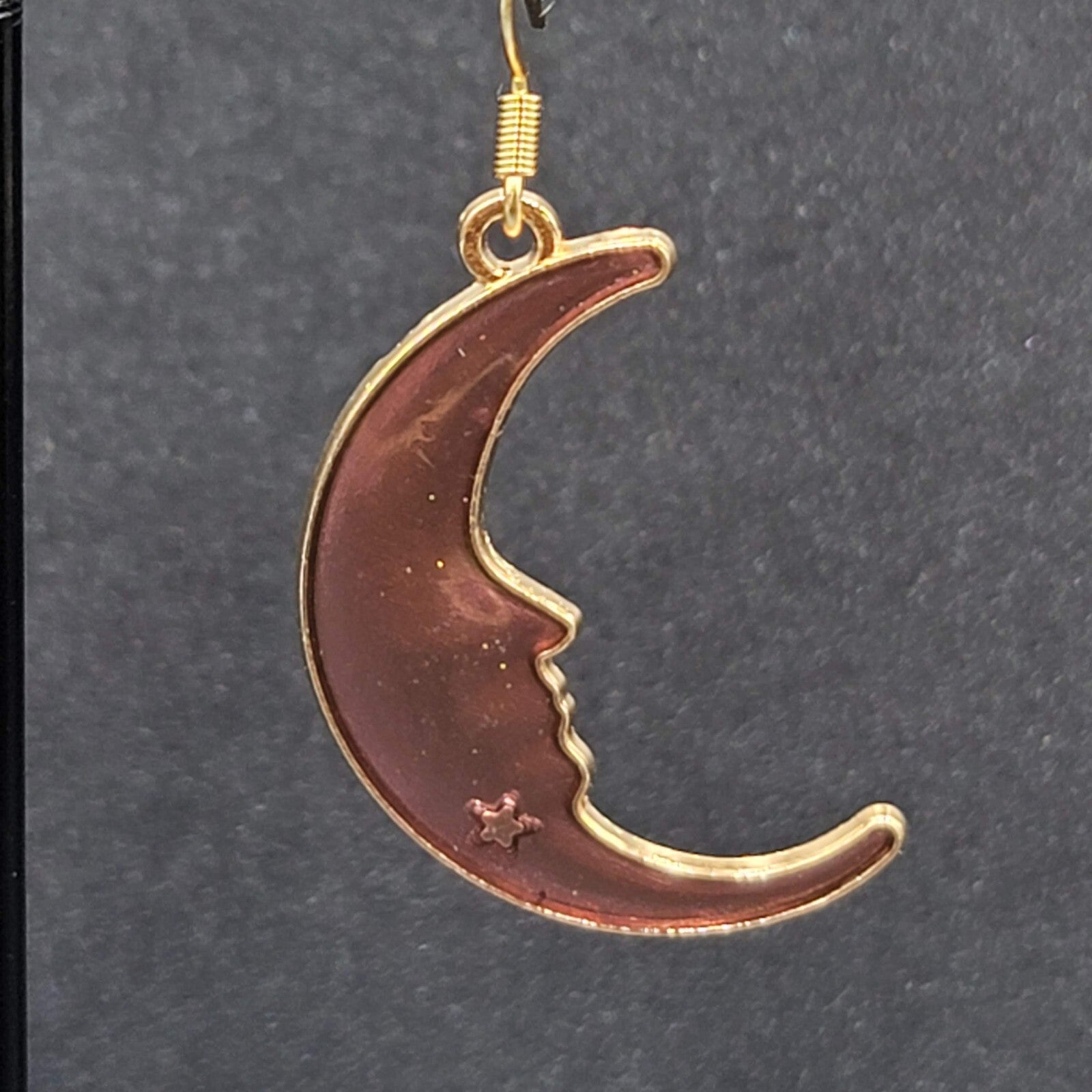 New Moon Pierced Earrings Gold tone Purple Enamel Dangle 1.25"