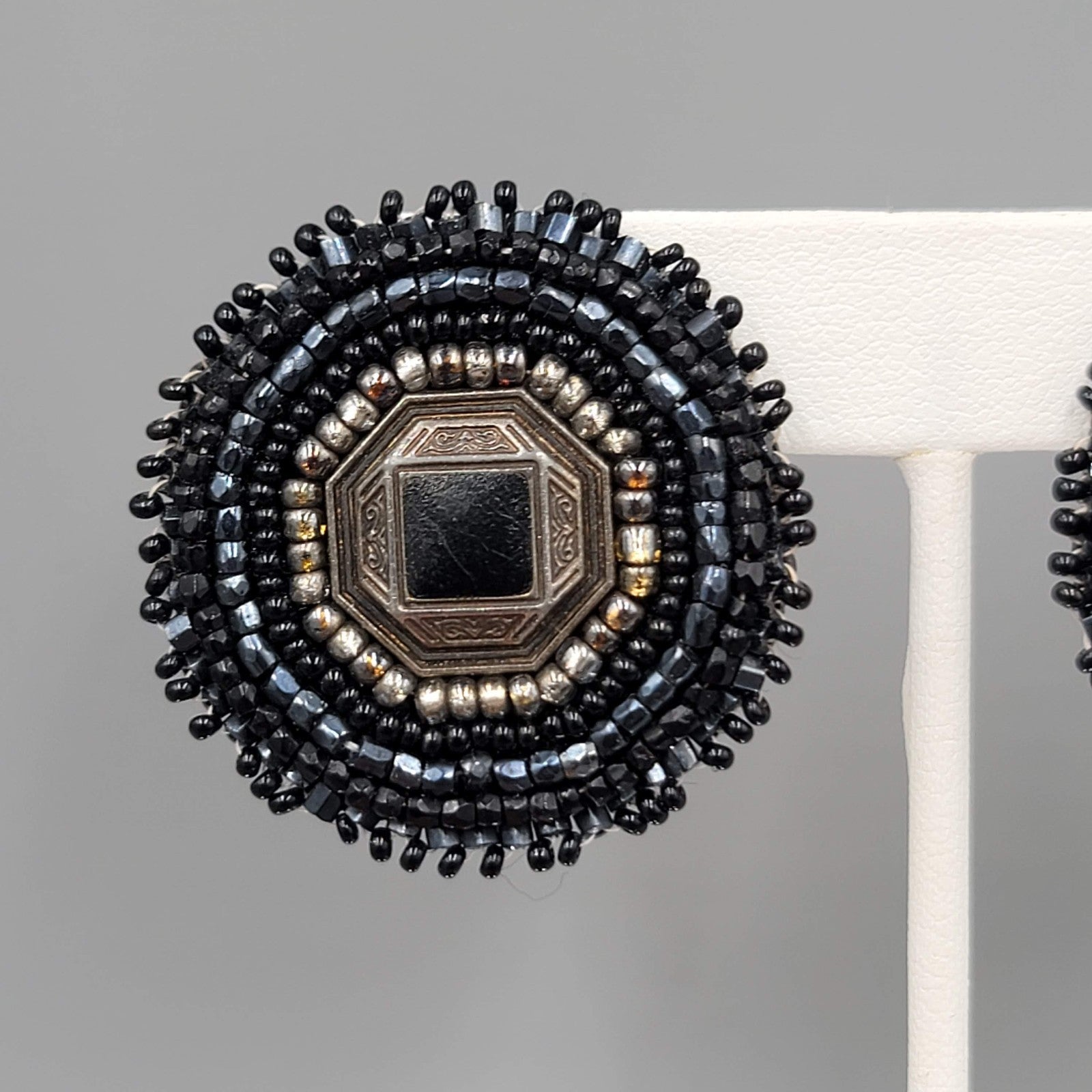 Vintage Black Seed Bead Round Pierced Earrings Statement 1.5 in