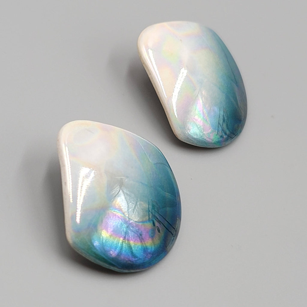 Vintage Ceramic Pierced Earrings White Teal Ombre Drop Statement 80s 1 3/8"