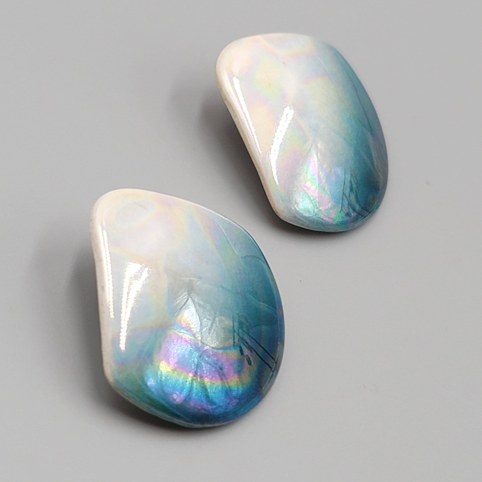 Vintage Ceramic Pierced Earrings White Teal Ombre Drop Statement 80s 1 3/8"