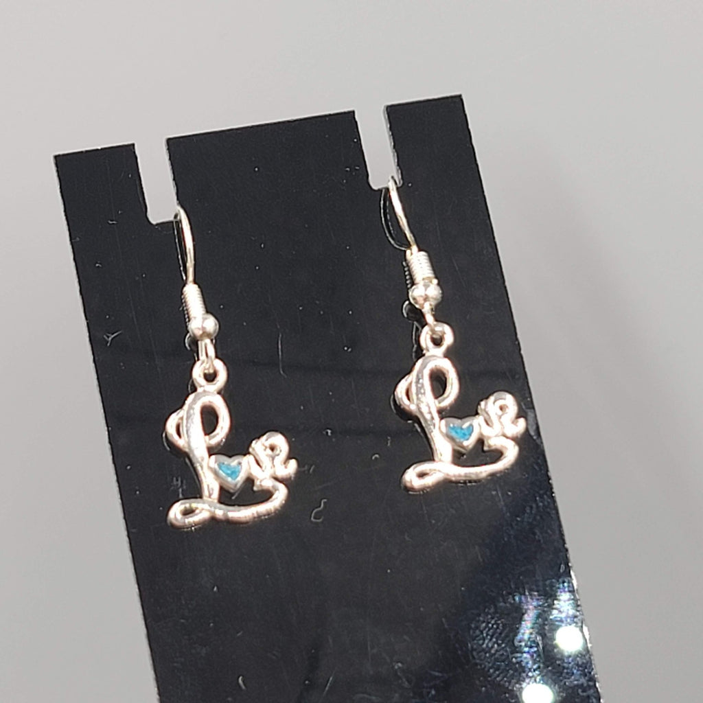 Vintage LOVE Pierced Earrings Crushed Turquoise Inlay Silver tone Dangle 5/8"