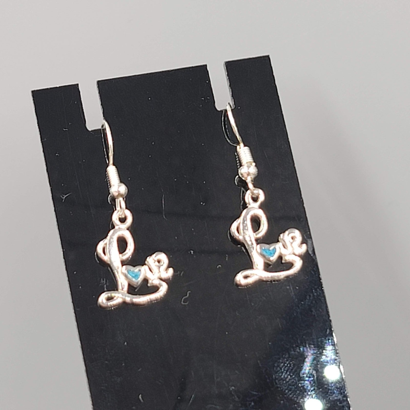 Vintage LOVE Pierced Earrings Crushed Turquoise Inlay Silver tone Dangle 5/8"