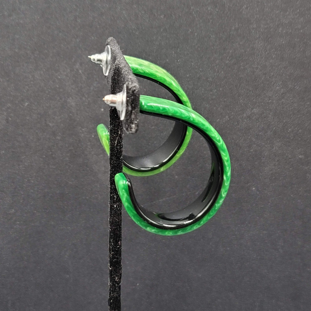 Pierced Earrings Green Black Resin Hoops Artsy 1 5/8"