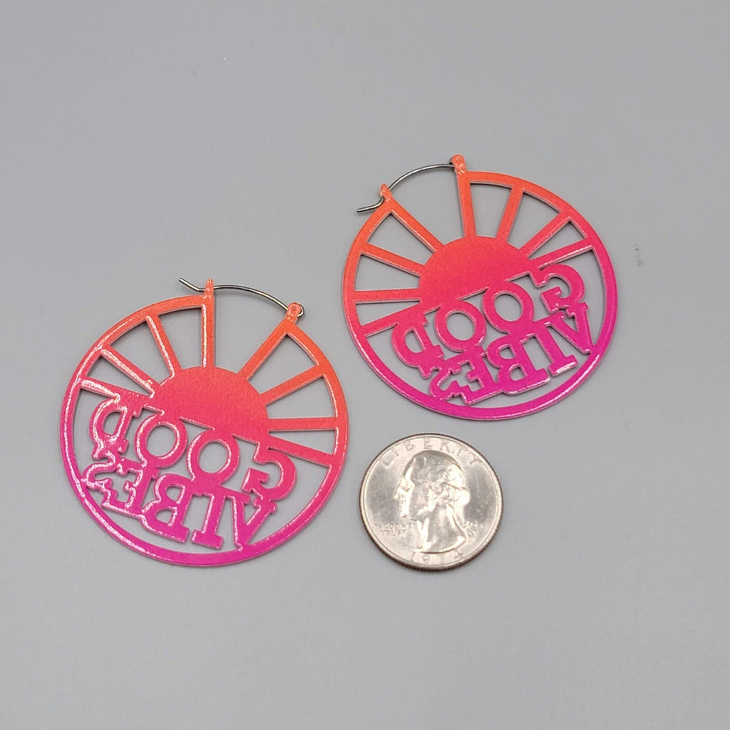 GOOD VIBES Pierced Earrings LARGE Pink Enamel over Metal Hoops 2"