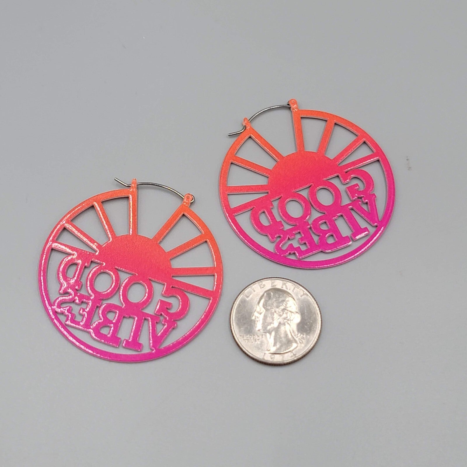 GOOD VIBES Pierced Earrings LARGE Pink Enamel over Metal Hoops 2"